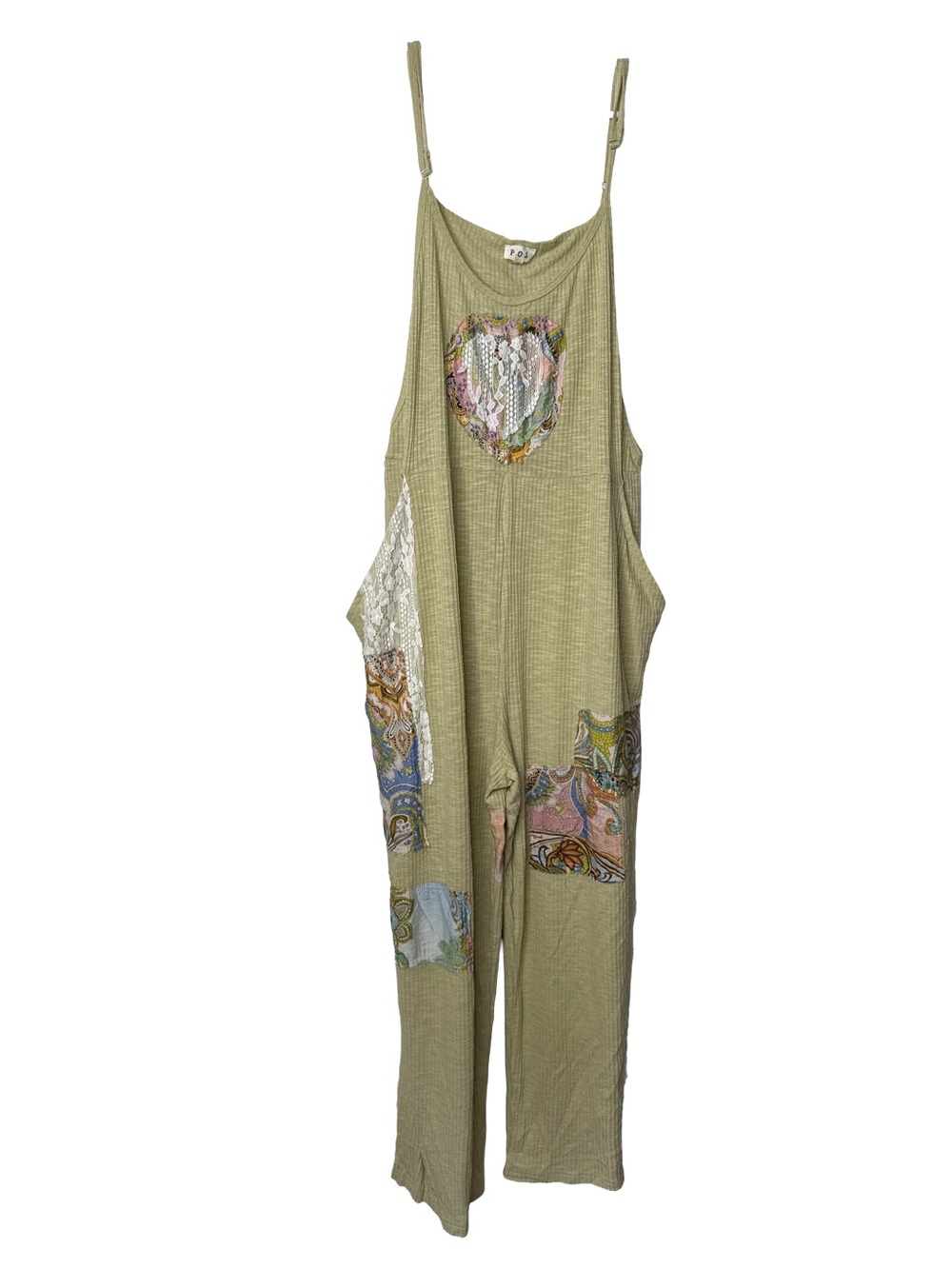 POL Cottagecore Ribbed Boho Sage Overall Patchwork Jumper Pockets Hippie Small